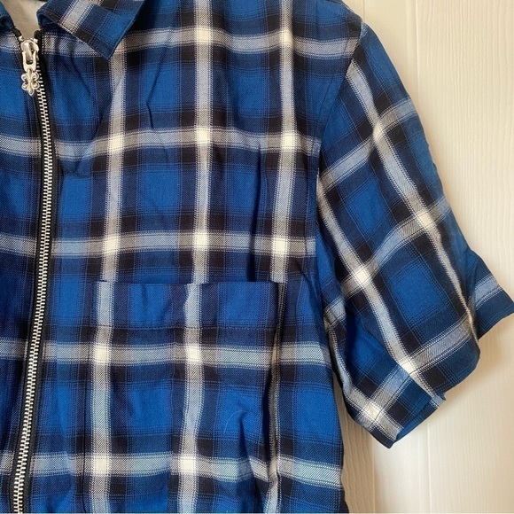 The Kooples Plaid Zip Shirt Small Blue Checkered Short Sleeve Grunge Streetwear - Picture 6 of 13